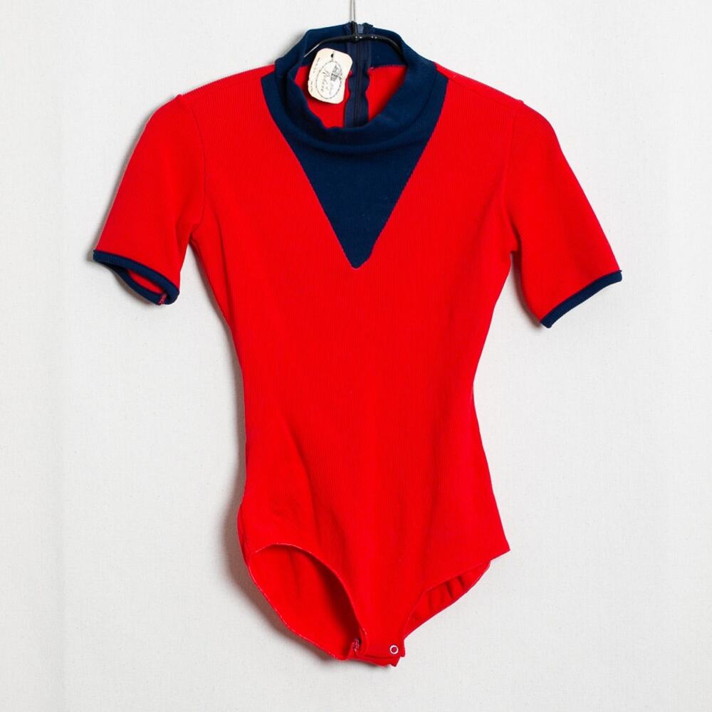 Vintage 60s 70s House of Robere RibbedBodysuit Red Navy Colorblock Deadstock S